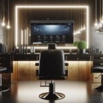 a modern black and gold barbershop interior with a glowing computer screen showing a website. clean,